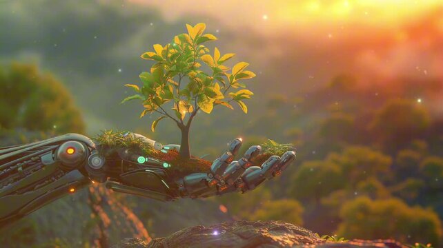 Arbor Day Concept: Futuristic Hand and Young Tree Against Sunset Backdrop