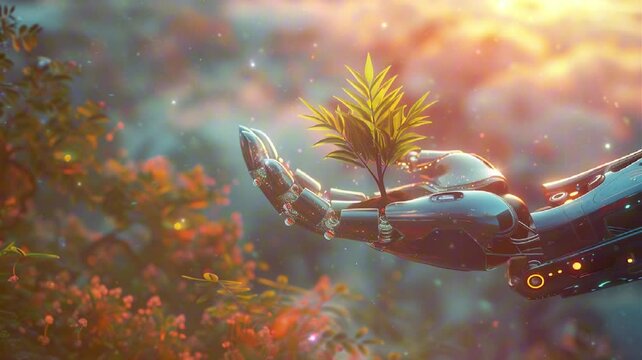 Whimsical Robotic Hand Cradling Young Tree in Vibrant Cartoon Forest