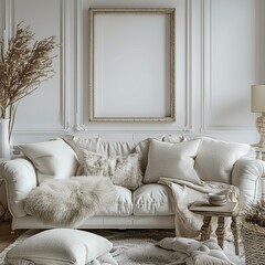 A cozy white living room with a plush sofa and textured throw pillows, framed by an empty text frame for personalization, cosy modern home interior, white, empty text frame, 3D.