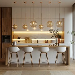 Minimalist white cabinetry paired with warm wood accents for a contemporary feel,3D kitchen layout, cosy modern home interior