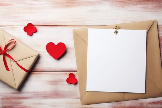 A white paper on a craft envelope, adorned with a golden pin and small red hearts, on a textured backdrop. Valentine's Message with Red Hearts and Golden Pin