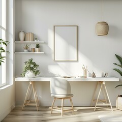 A minimalist white workspace with a wall-mounted desk and floating shelves, accompanied by an empty text frame for jotting down creative ideas or project deadlines, cosy modern hom