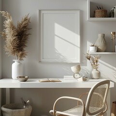 A minimalist white workspace with a wall-mounted desk and floating shelves, accompanied by an empty text frame for jotting down creative ideas or project deadlines, cosy modern hom