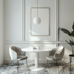 A chic white dining area with a round table and upholstered chairs, enhanced by an empty text frame for labeling favorite recipes or hosting dinner party menus, cosy modern home in