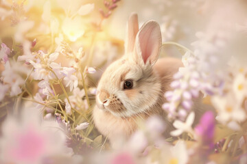 A serene bunny nestled in soft, springtime blooms
