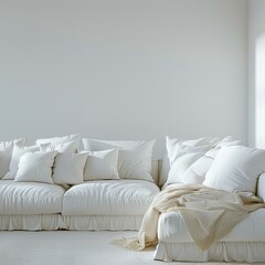 A cozy white sectional sofa with plush cushions, nestled in a modern living room space,cosy modern home interior,white,empty text frame,3d.