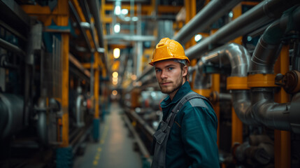 Portrait of a Male Worker Strength and Commitment Amid Factory Pipes
