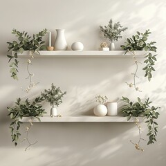Floating white shelves adorned with minimalist decor and greenery, adding visual interest to the walls,cosy modern home interior,white,empty text frame,3d
