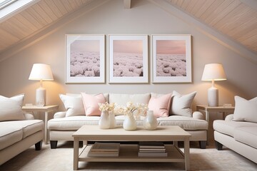 Fototapeta na wymiar Vaulted Ceiling Living Room Designs: Beige Sofa, Pastel Pillows, Ultimate Comfort
