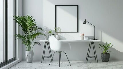 A modern white desk with sleek lines, paired with a comfortable chair for a stylish home office setup,cosy modern home interior,white,empty text frame,3d.
