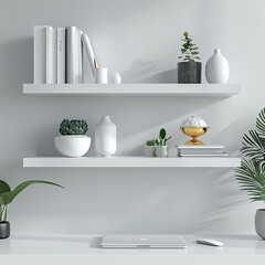 Floating white shelves above the desk, displaying decor and organizing office essentials,cosy modern home interior,white,empty text frame,3d