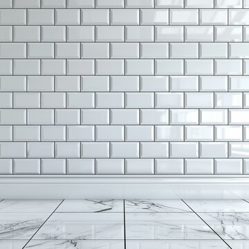 White subway tile backsplash with grey grout, adding texture and visual interest to the modern kitchen,cosy modern home interior,white,empty text frame,3d