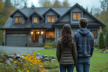 Obraz premium Back View Harmony Couple Contemplating a House, Symbol of Family Bliss