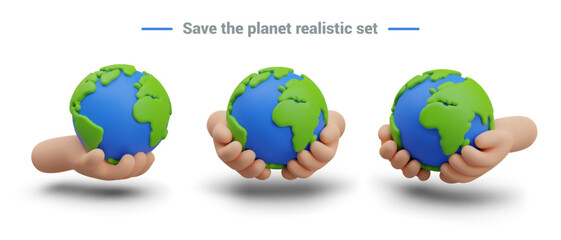 Earth in human palms. Hands hold globe. Vector image in plasticine style