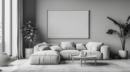 Opt for a monochromatic color scheme in the living room for a minimalist vibe, accentuated by a wall mockup featuring a single oversized blank text frame surrounded by smaller 3D p