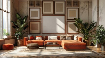 Opt for a mid-century modern aesthetic in the living room, featuring iconic furniture pieces and a wall mockup showcasing a blank text frame surrounded by framed 3D pictures.