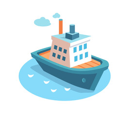 Cute stylised cartoon ship at sea on dock. Vector flat isolated illustration on white background for design. 