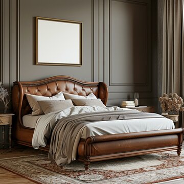 Render a sophisticated guest bedroom with timeless elegance and plush bedding, highlighting a wall mockup with a blank text frame above a sleigh bed, paired with 3D pictures of cla