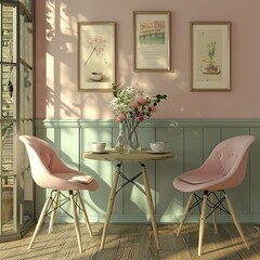 Design a cozy breakfast nook with powder blush walls, furnished with a small table and chairs, adorned with 3D pictures of morning coffee scenes and an empty text frame for daily i