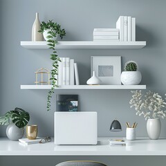 Floating white shelves above the desk, displaying decor and organizing office essentials,cosy modern home interior,white,empty text frame,3d