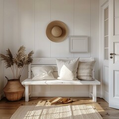 A white wooden bench in the entryway, offering a spot to sit and remove shoes in a clean and organized space,cosy modern home interior,white,empty text frame,3d