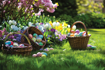 Baskets filled with decorated eggs and spring blooms on grass