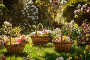 Fototapeta na wymiar Baskets filled with decorated eggs and spring blooms on grass