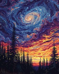 evening sky with stars and trees in the style of intricate psychedelic landscapes