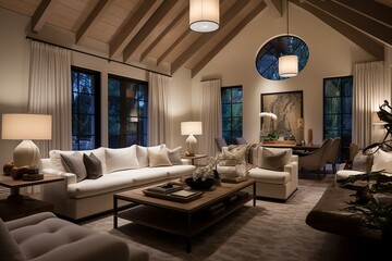 Fototapeta na wymiar Contemporary Vaulted Ceiling Living Room Designs with Modern Lounge Chair Mix