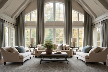 Vaulted Ceiling Living Room Textile Curtain Designs: Flowing Natural Light Haven