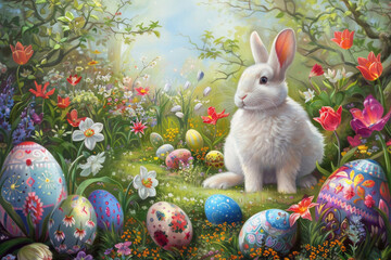 Bunny amidst colorful eggs and spring flowers