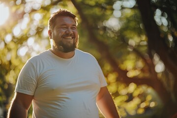 Naklejka na ściany i meble Overweight man smiles and jogs to maintain his health and lose weight from obesity in the park.