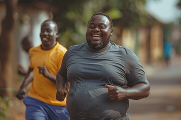 An overweight African man jogs in a park while smiling.