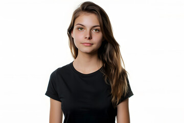 Blank Black T-Shirt Mockup on Female Model. Empty Shirt Template