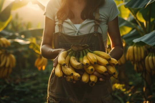 A woman farmer holding bananas and picking produce in her banana plantation. Farmer Concept : female agriculture Holding yellow ripe banana