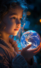 Naklejka premium Illustration of a blue earth in the hands of a child. The earth passes from generation to generation.