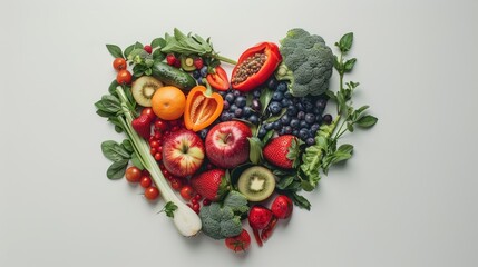 Vegetables and fruits in the shape of a heart on white background. Concept of healthy eating, vegetarianism, health care, health day