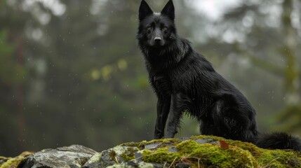 A black dog sitting on a moss covered rock in the rain, AI