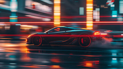 A sport car drives fast on the city street at night