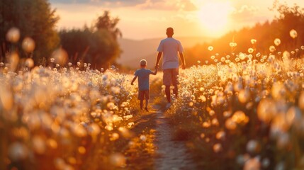 A man and child walking through a field of flowers, AI