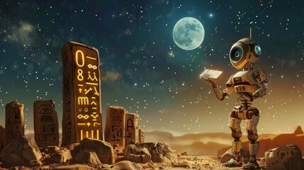 A robotic archaeologist decoding ancient hieroglyphs under a UFO illuminated sky with a backdrop of the moon and stars