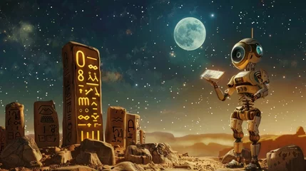Fotobehang A robotic archaeologist decoding ancient hieroglyphs under a UFO illuminated sky with a backdrop of the moon and stars © Aoridea