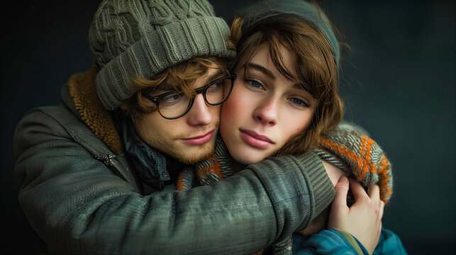Young man with glasses and woman in knitted hat hugging each other, dark background, romantic mood, closeup, dark background