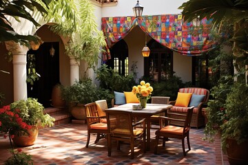 Obraz premium Spanish Courtyard Oasis: Woven Textiles Shading Outdoor Dining Areas