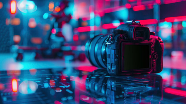 Close up of a DSLR camera with neon VR interface in an AI driven lab showcasing digital finance and technology fusion