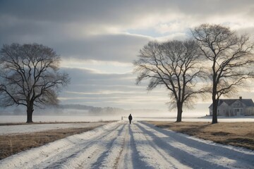 a couple of trees that are standing in the snow, winter atmosphere, winter landscape outside, snowy landscape. 