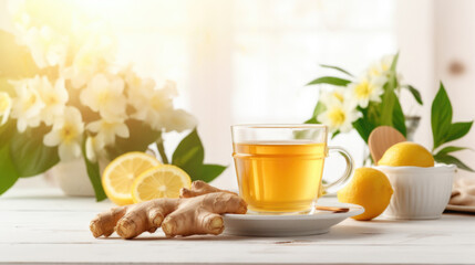 Healthy vitamin drink against cold with lemon, ginger, honey in a glass cup. Close-up. 
