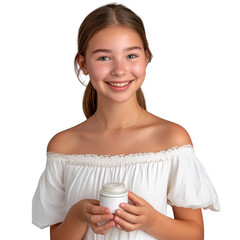 Happy smiling of a girl holding a bottle of cream, isolated on transparent background