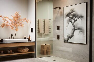 Flowing Zen: Frameless Glass Showers & Serene Artwork � Bathroom Oasis Ideas