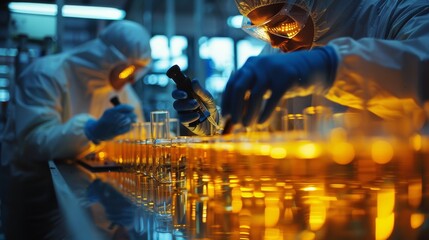 Two people in white lab coats working on a test tube, AI